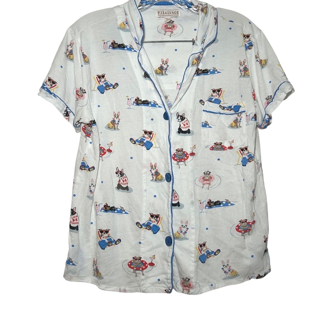 PJ Salvage Womens XS Pajama Top White Beach Dog Print Button Up Short Sleeve